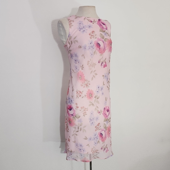 Dress Cowl Drape Back Floral Semi Sheer Overlay Lined Pink Size M - Picture 4 of 9